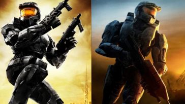 Halo 2 game masterchief in a dark suit holding dual smg weapons next to Halo 3 game masterchief in a dark suit holding an assault rifle