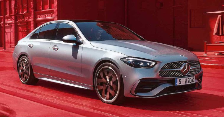 Mercedes-Benz C-Class 2022 W206 metallic grey front view in red background