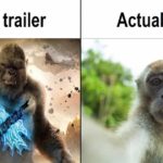 King kong holding Godzilla scale axe next to white monkey taking selfie while doing duck lips