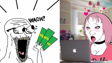 Wojack simp throwing money at wojack thot in pink t-shirt meme