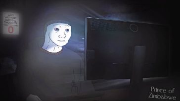 Meme of sad Wojack watching PC monitor during night