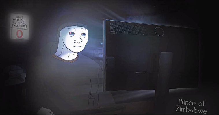 Meme of sad Wojack watching PC monitor during night