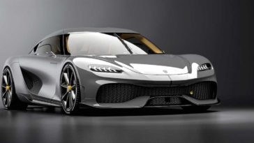 Koenigsegg Gemera grey color front view, in dark grey background