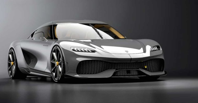 Koenigsegg Gemera grey color front view, in dark grey background