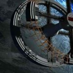 circular space station orbiting above earth