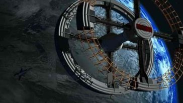 circular space station orbiting above earth