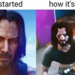 Cyberpunk 2077 meme Keanu Reeves on trailer vs. actual gameplay on PS4