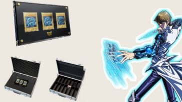 Seto Kaiba from Yu-Gi-Oh! in white coat, holding cards next to his briefcase