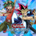 Yya Skaki and Yami Yugi holding cards behind Yu-Gi-Oh! Duel Links logo